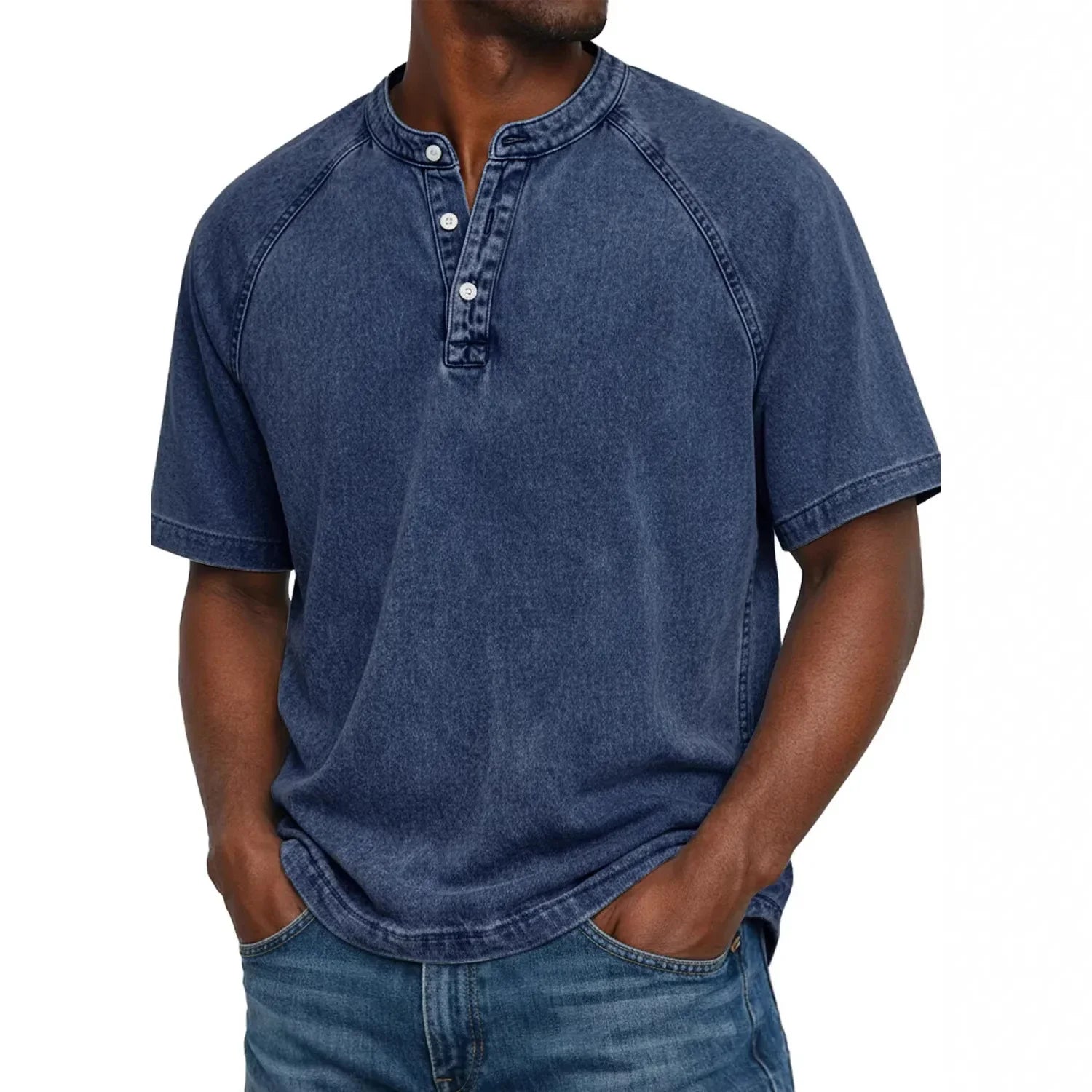 Elias - T-shirt homme col Henley manches courtes effet délavé vintage coton