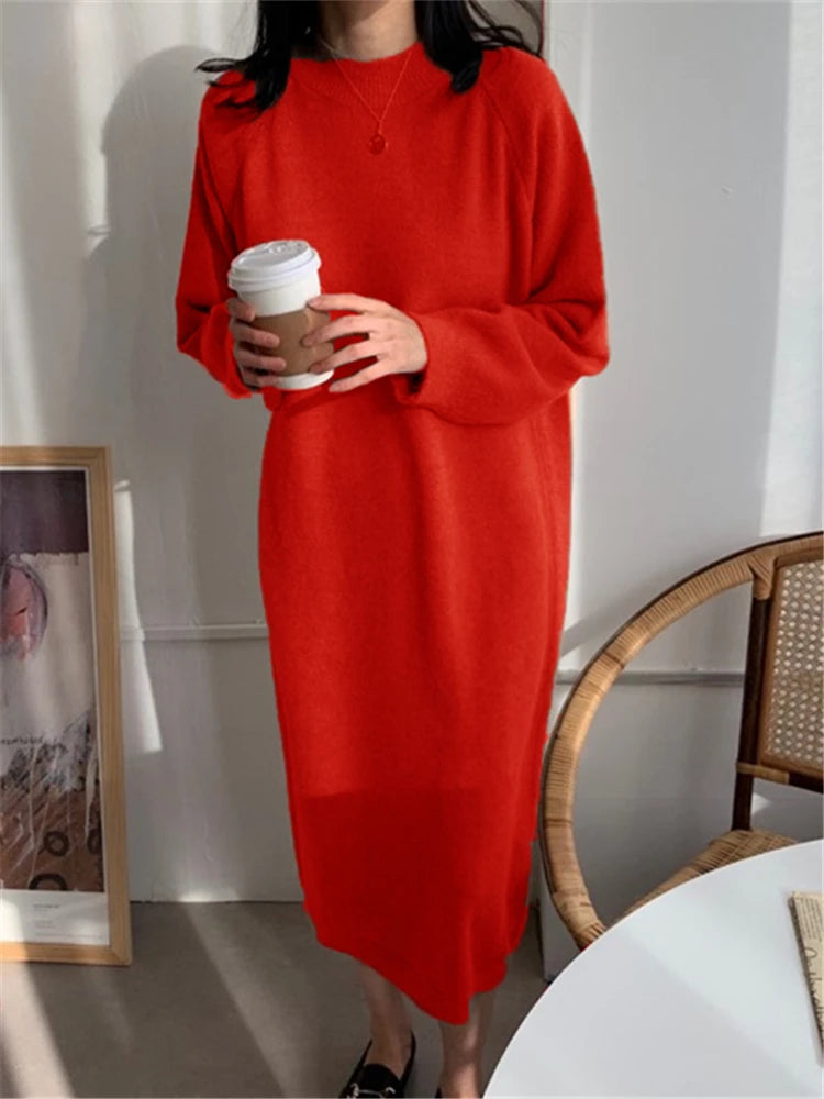 Calixte - Robe longue tricotée décontractée à col rond pour femme