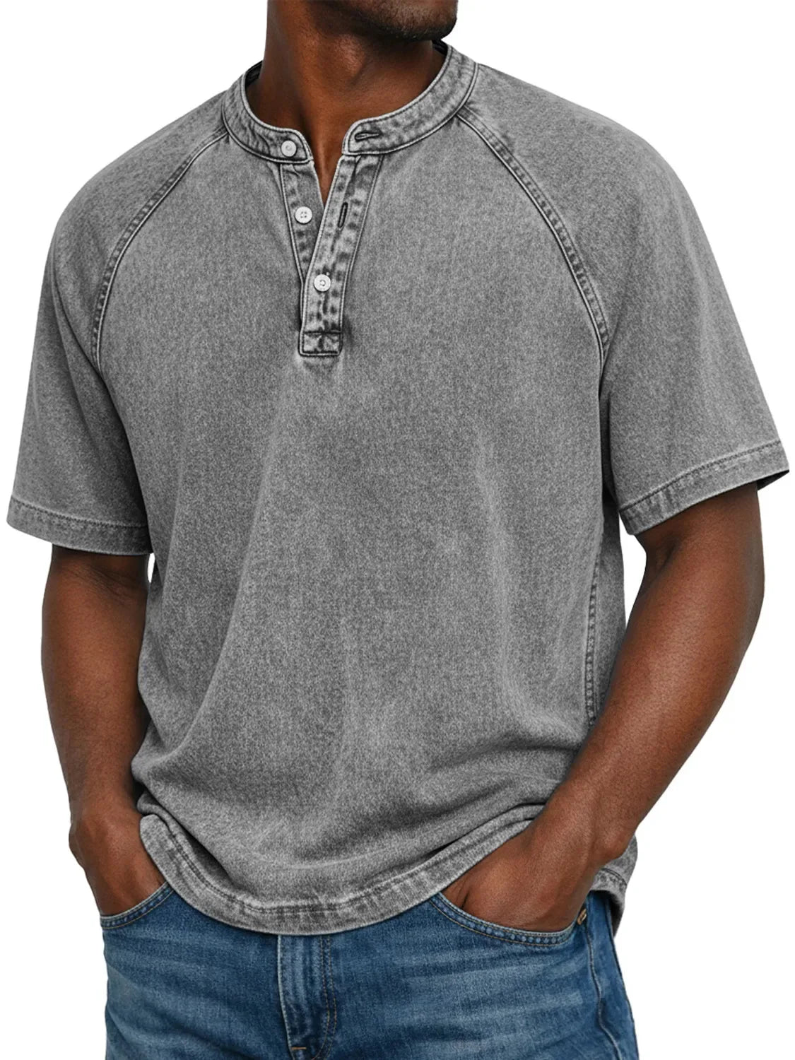 Elias - T-shirt homme col Henley manches courtes effet délavé vintage coton