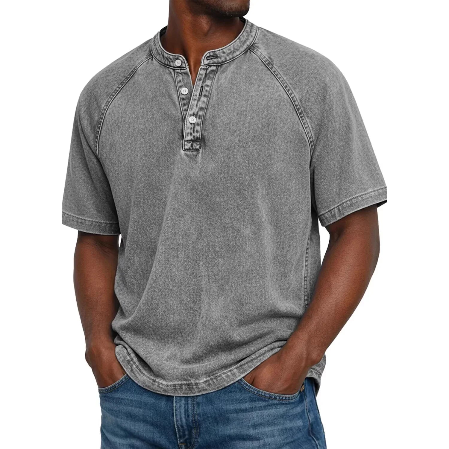 Elias - T-shirt homme col Henley manches courtes effet délavé vintage coton