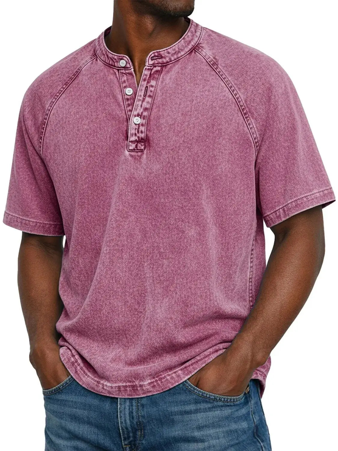 Elias - T-shirt homme col Henley manches courtes effet délavé vintage coton