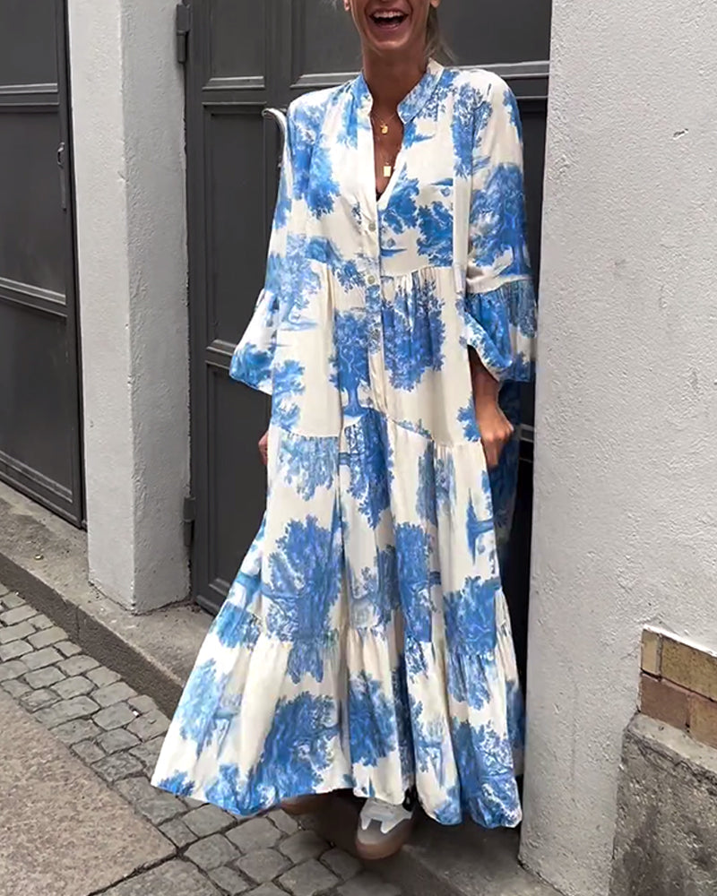Greta - Robe Patchwork Ample avec Col en V et Manches Cloches Imprimées