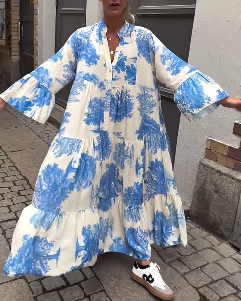 Greta - Robe Patchwork Ample avec Col en V et Manches Cloches Imprimées