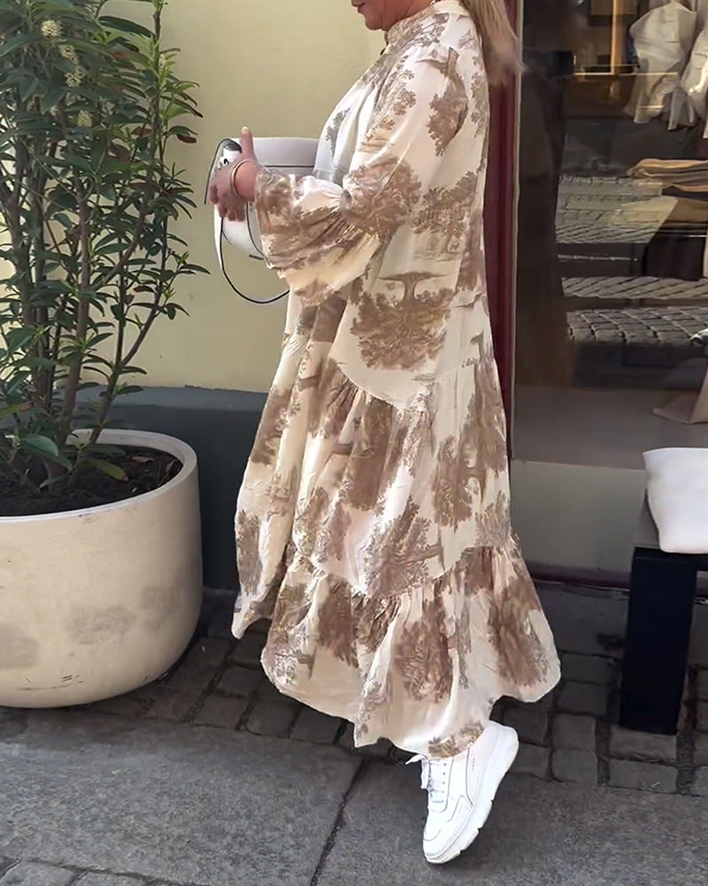Greta - Robe Patchwork Ample avec Col en V et Manches Cloches Imprimées