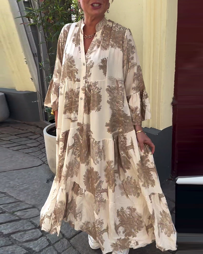 Greta - Robe Patchwork Ample avec Col en V et Manches Cloches Imprimées