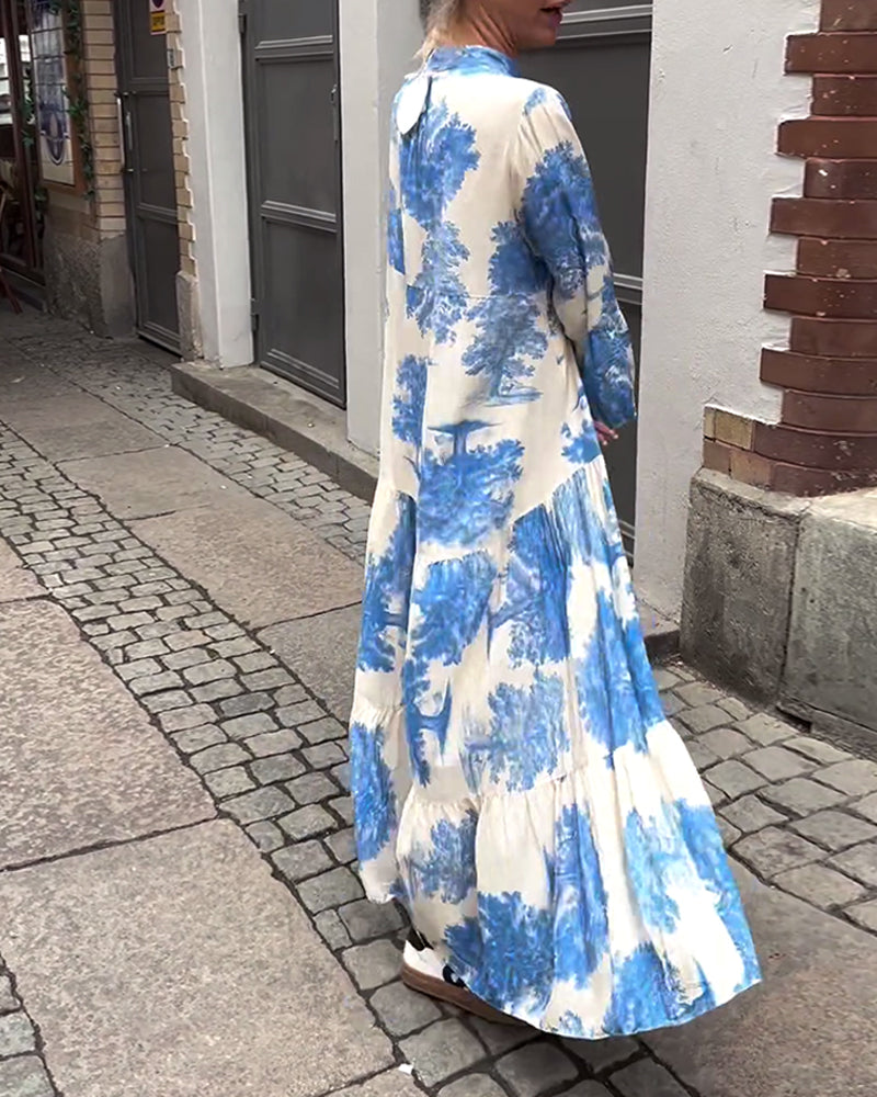 Greta - Robe Patchwork Ample avec Col en V et Manches Cloches Imprimées