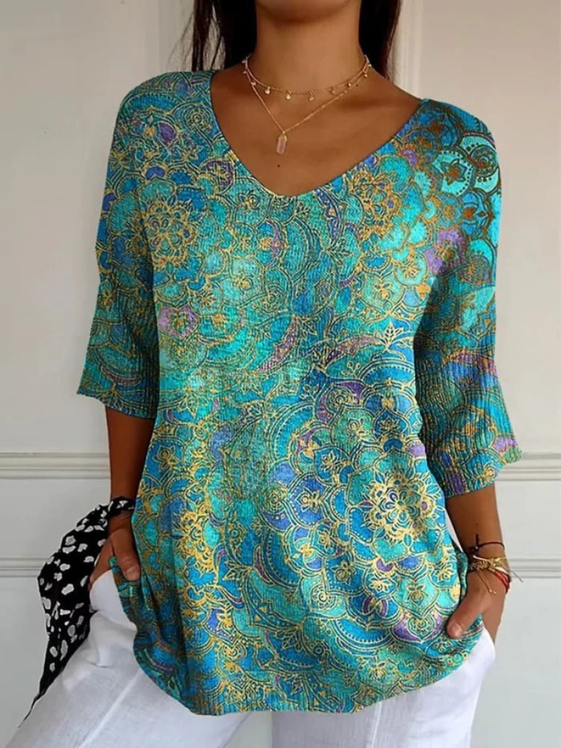 Kynelle - Blouse femme fluide imprimée col V manches évasées style bohème élégant