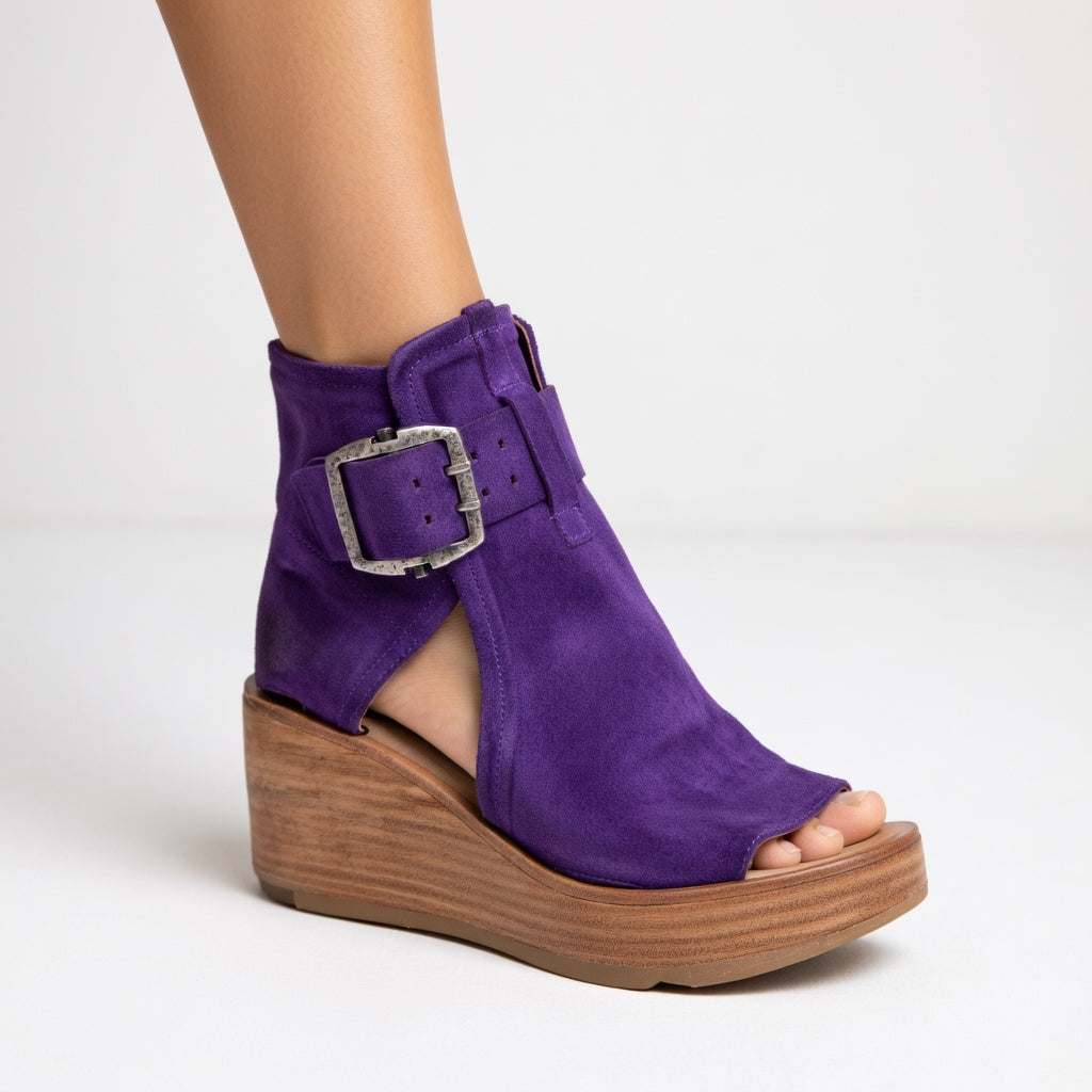 Kalyne - Sandales femme wedge suède bout ouvert boucle cheville