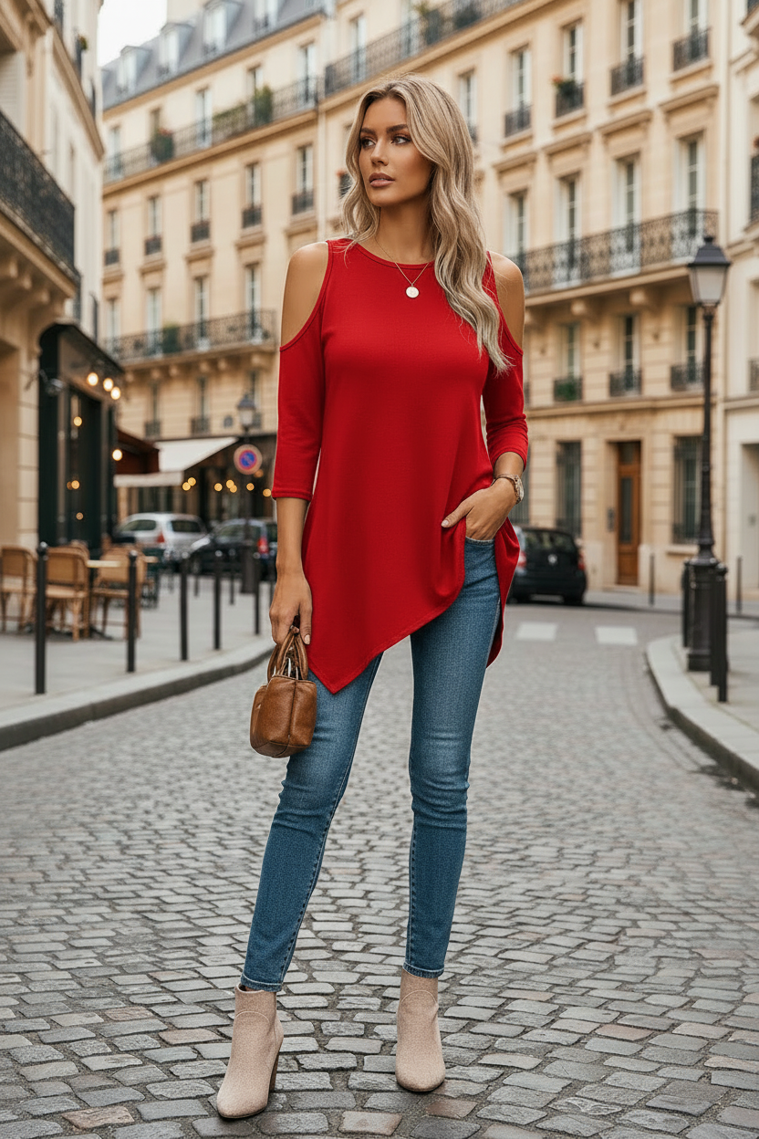 Delyxa - Haut Femme Coupe Asymétrique Épaules Dénudées Style Moderne