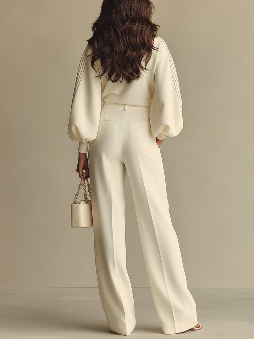 Oliveth - Ensemble Femme Élégant Haut Texturé et Pantalon Large Fluide