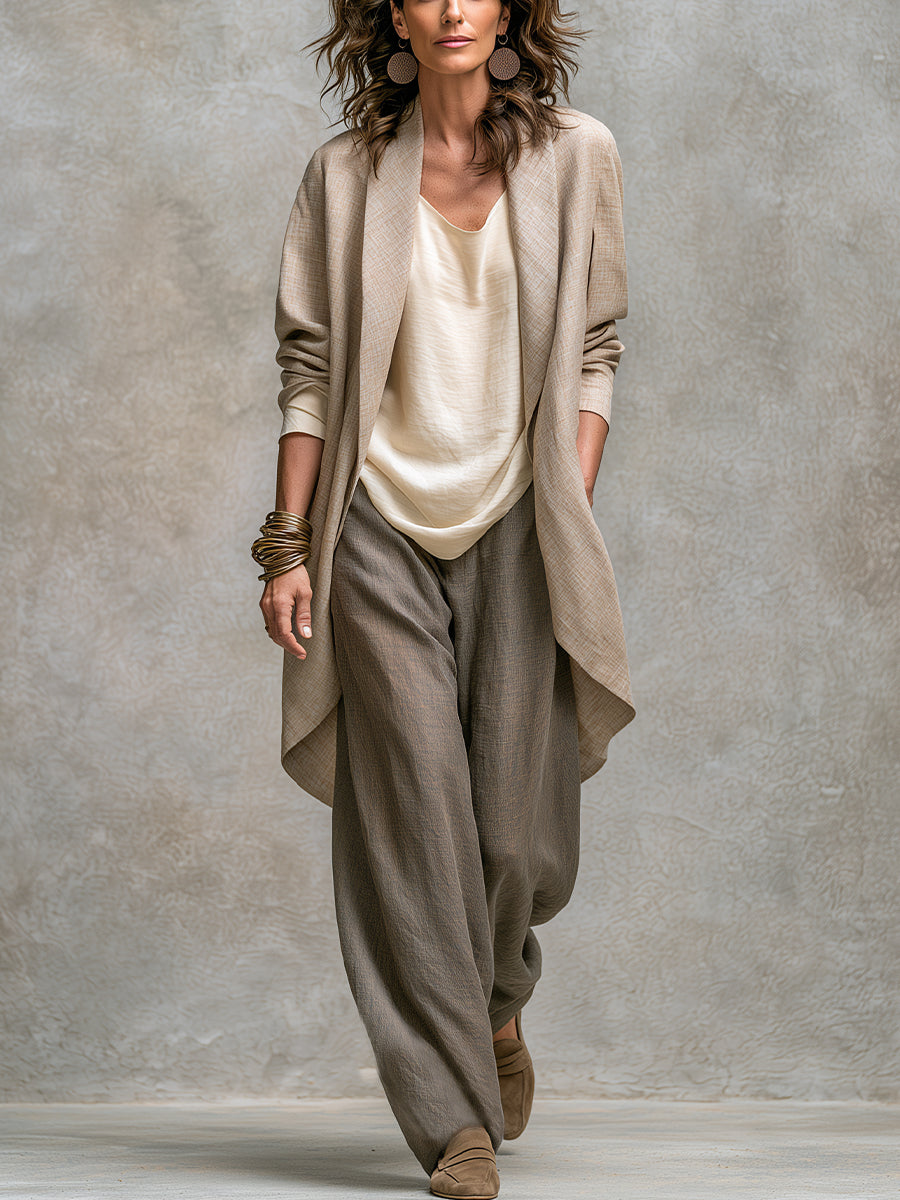 Mavelle - Ensemble femme trois pièces beige-gris avec pantalon large