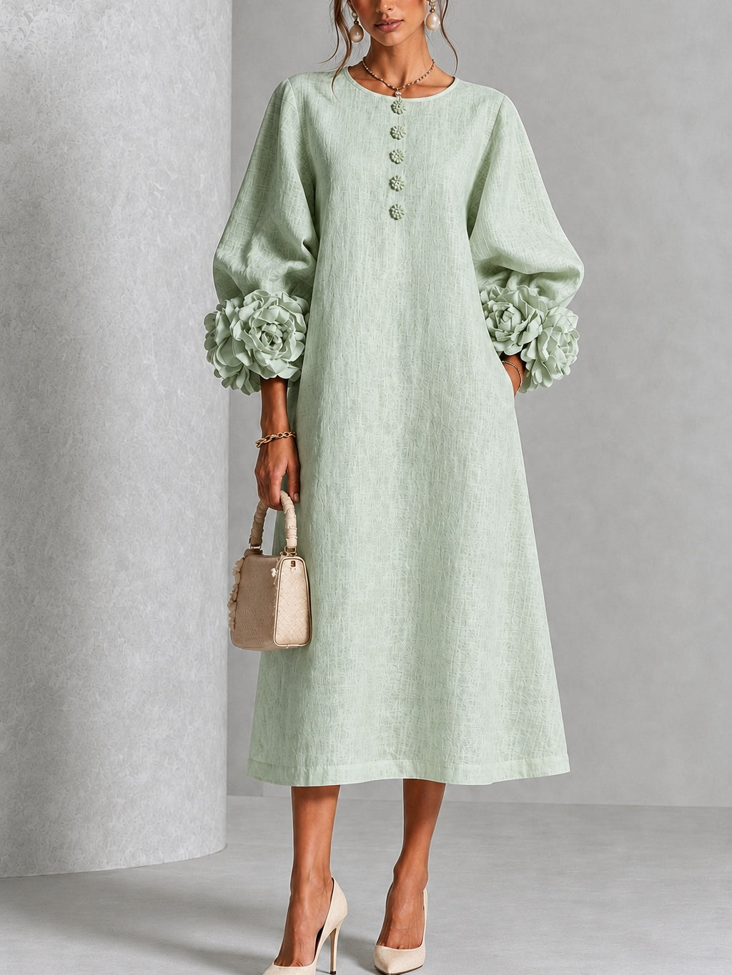 Aliette - Robe midi femme à manches florales