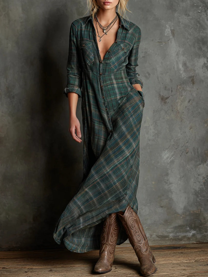 Dorrit - Robe chemise longue femme à carreaux boutonnée