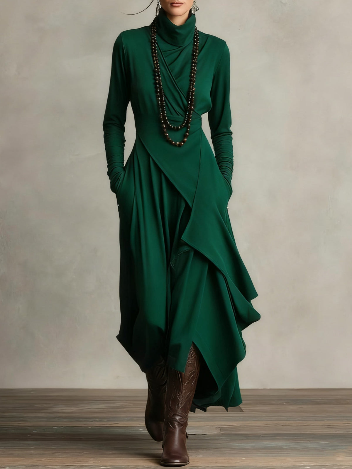 Odélie - Robe longue femme drapée à col roulé asymétrique