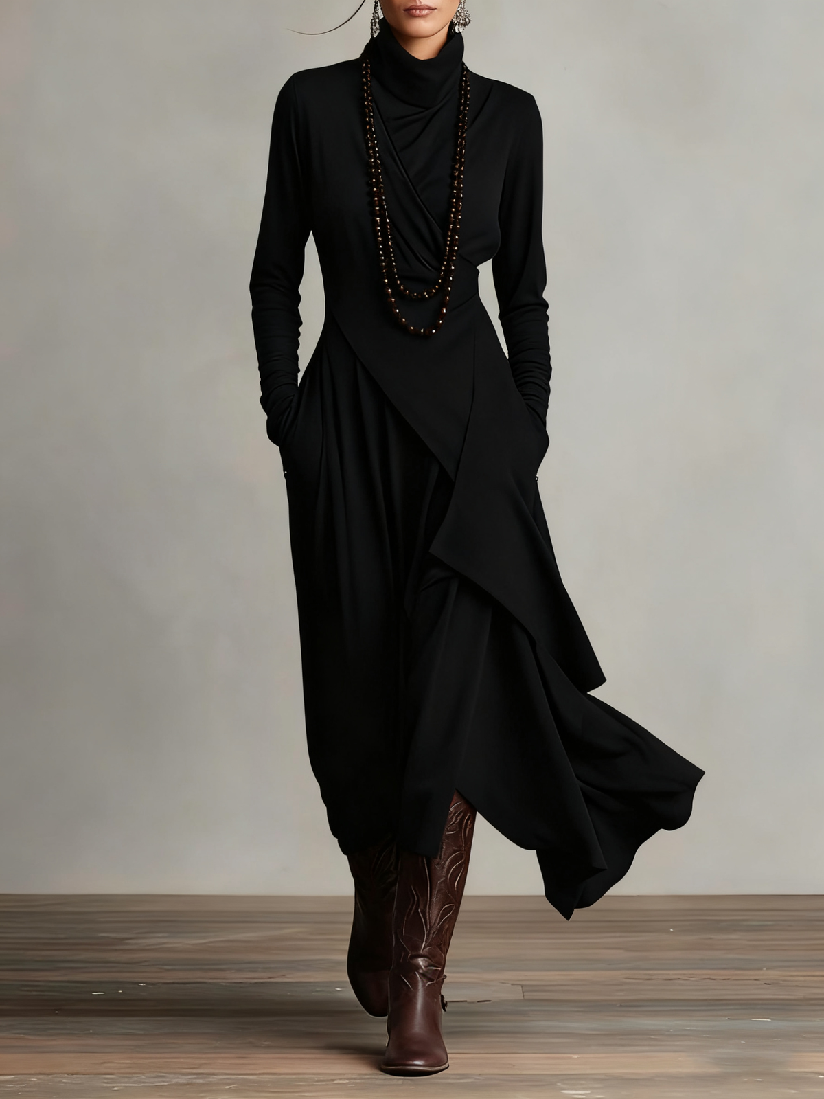 Odélie - Robe longue femme drapée à col roulé asymétrique