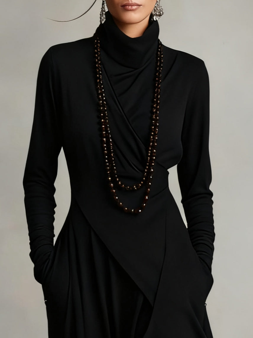Odélie - Robe longue femme drapée à col roulé asymétrique