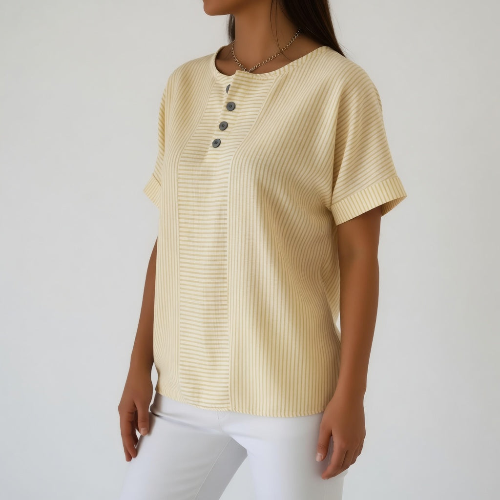 Dovinia - Blouse femme lin rayée manches courtes fluide été casual