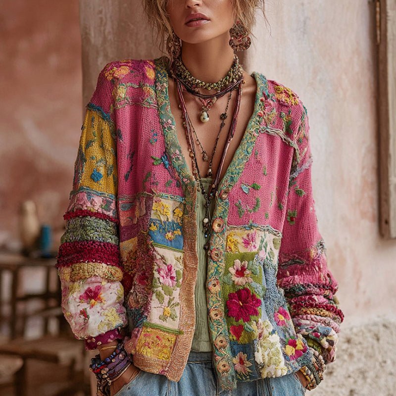 Rynellea - Cardigan Femme Patchwork Bohème Broderie Florale Style Vintage Chic