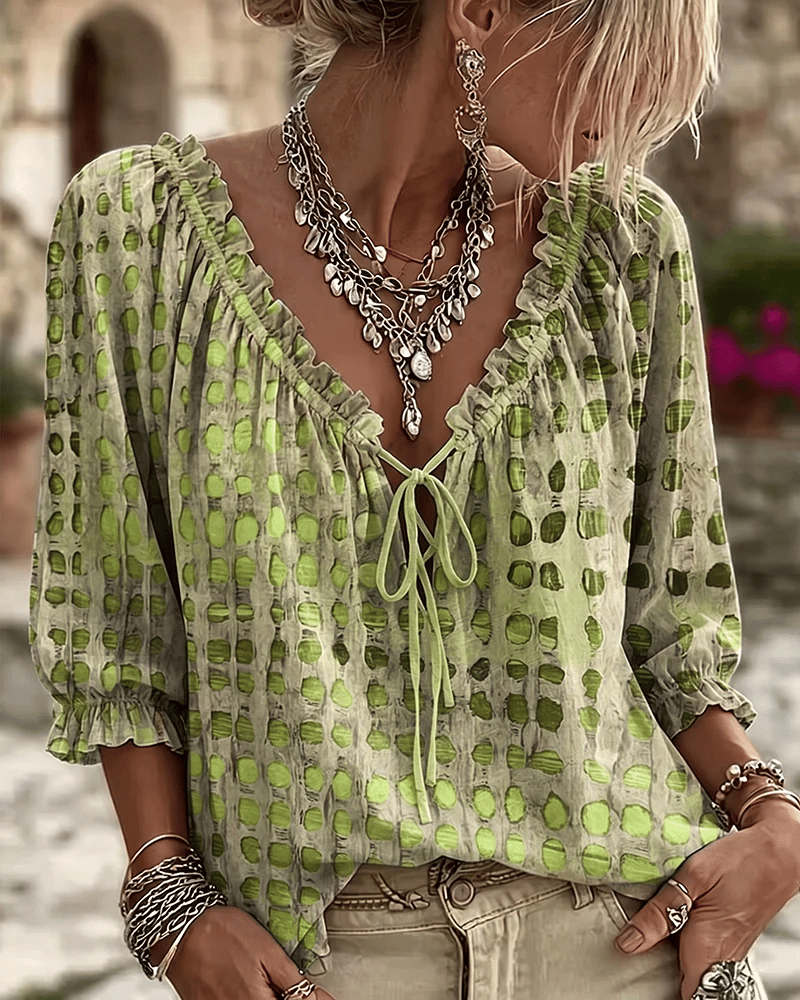 Mireva - Blouse femme à pois avec col V et lien ajustable