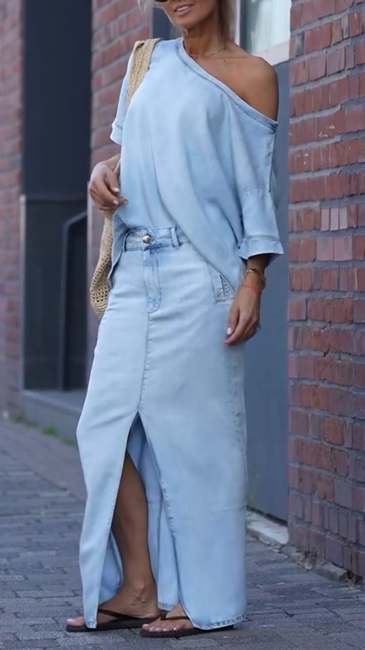 Mireya - Ensemble Décontracté Femme en Denim Tencel avec Décolleté Rond