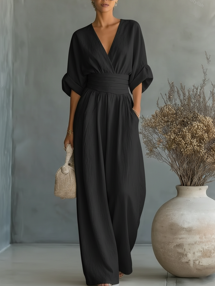 Helyrae - Combinaison Femme Col V Taille Marquée Coupe Fluide Élégante