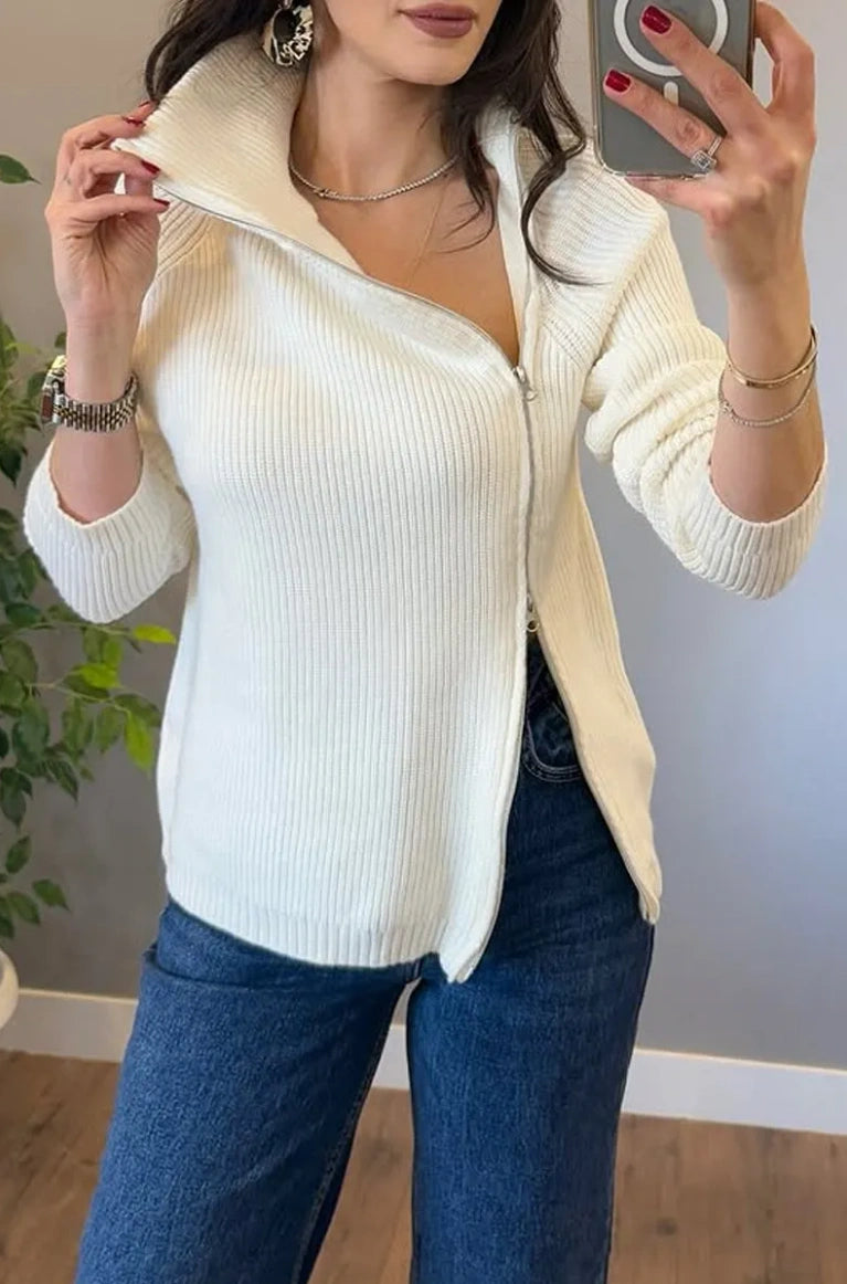 Lucienne - Pull Tricot Asymétrique à Double Fermeture Éclair