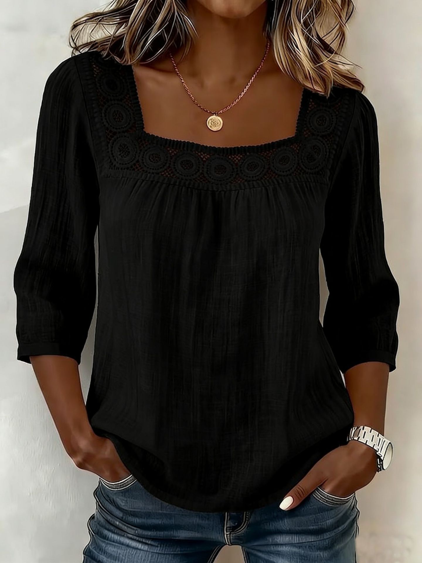 Myzaria - Blouse femme à décolleté carré avec dentelle élégante
