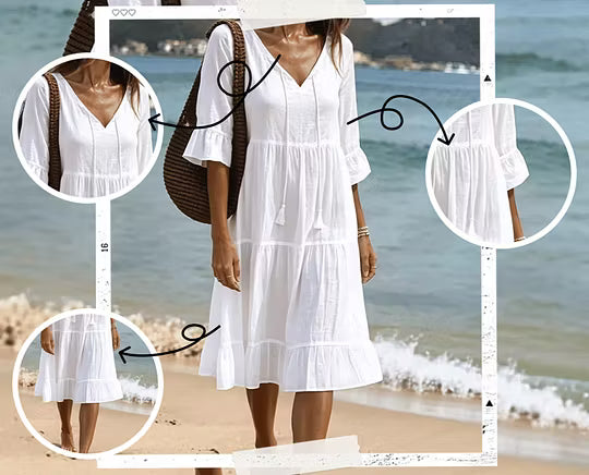 Faelora - Robe midi femme en coton à col en V et coupe fluide