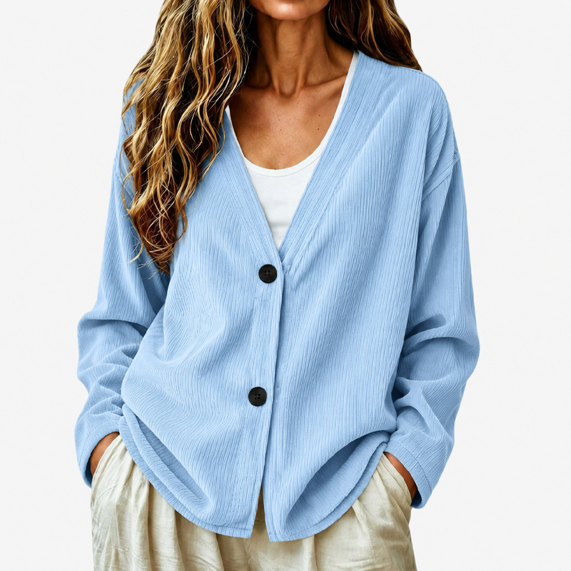 Priscilla - Cardigan femme côtelé à col V coupe ample