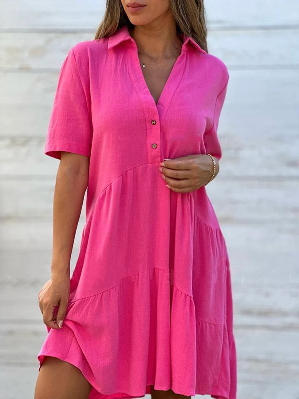 Vionelle - Robe décontractée, unie, à manches courtes en coton et lin pour femme