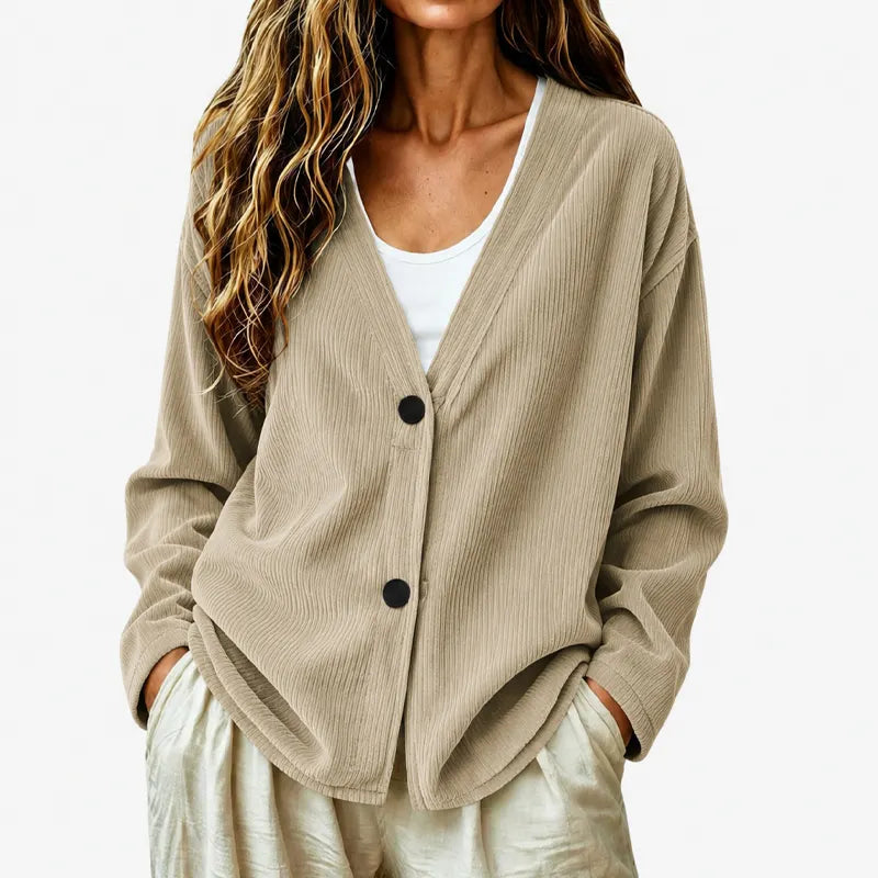 Priscilla - Cardigan femme côtelé à col V coupe ample