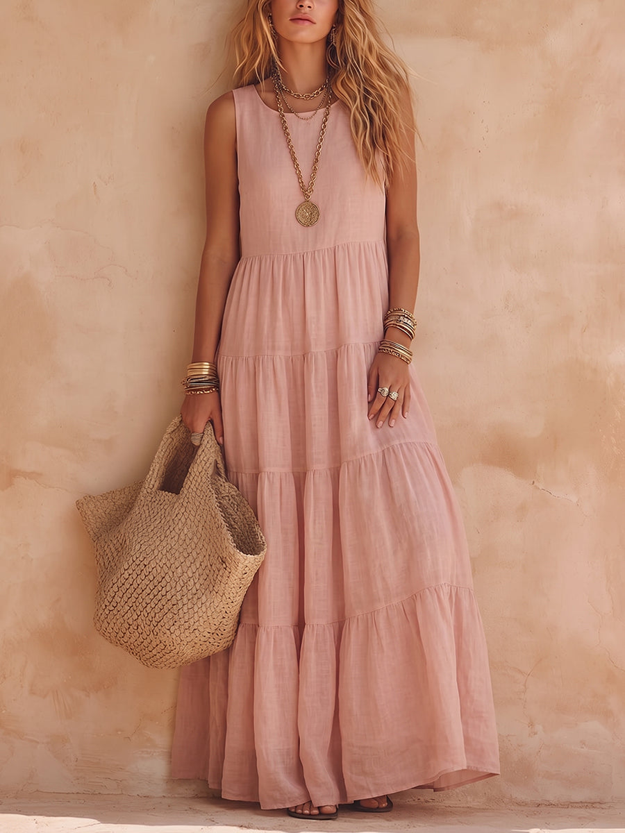 Azoria - Robe longue femme en coton et lin sans manches style décontracté