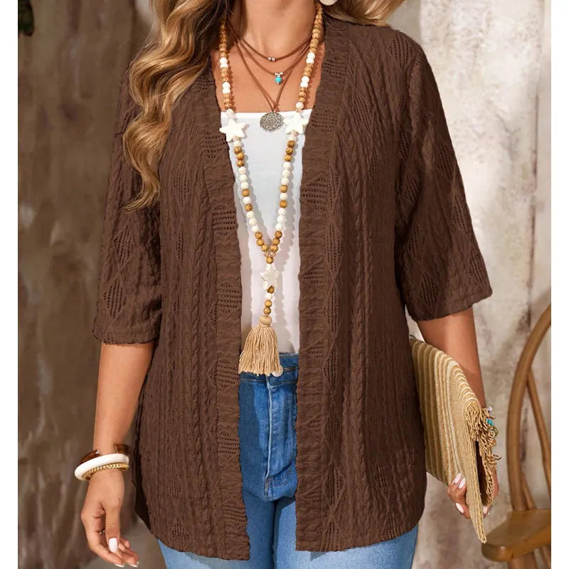Enora - Cardigan femme tricoté ouvert à manches 3/4