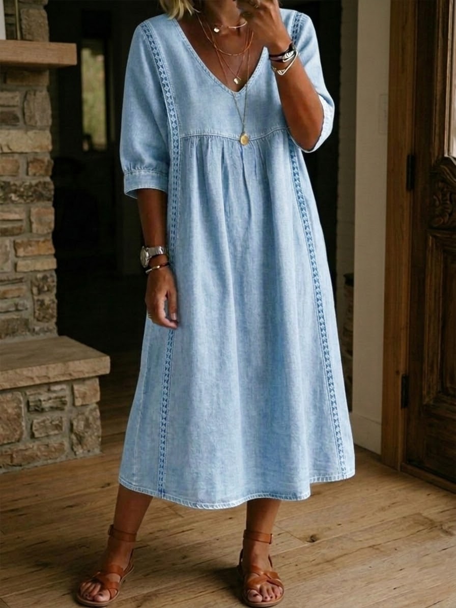 Fyntra - Robe femme denim fluide col V dentelle style décontracté élégant