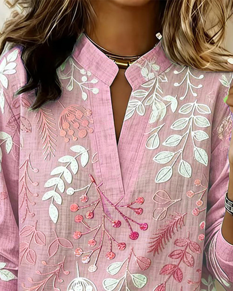 Drynora - Blouse femme imprimée florale col ouvert manches longues style élégant