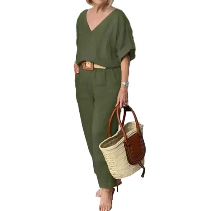 Loxaria - Ensemble femme haut col V pantalon poches style décontracté
