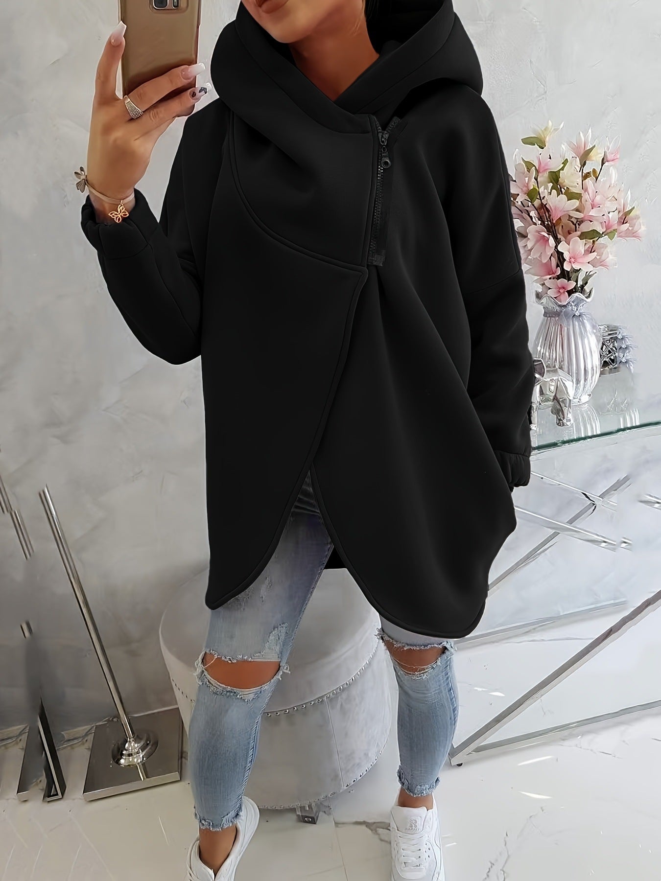 Quenlisse - Sweat à capuche zippé pour femme avec poches avant