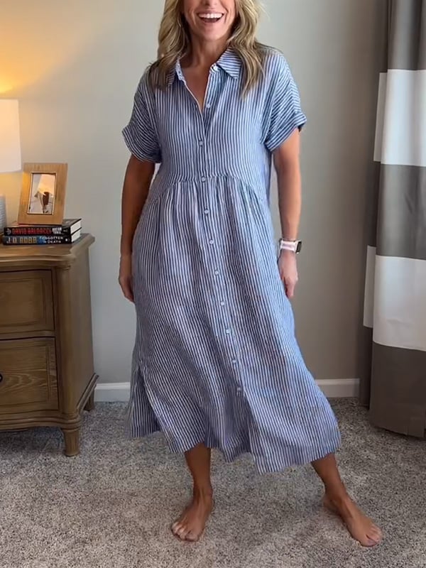 Melania - Robe chemise rayée avec revers et boutons | Avec poches fonctionnelles