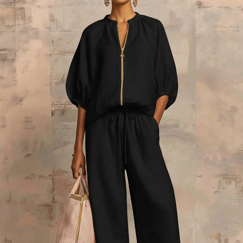 Calyndra -  Ensemble femme deux pièces uni avec haut zippé et pantalon large