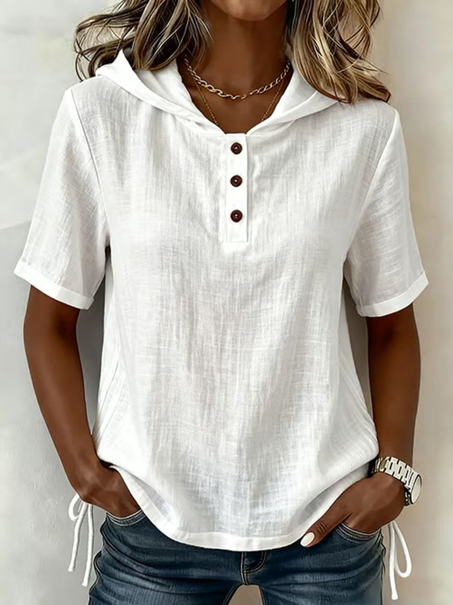 Aevrixa - Top femme à capuche fluide manches courtes boutons col ouvert style casual