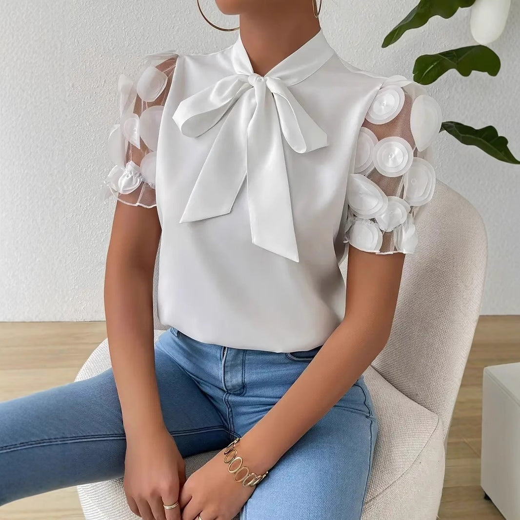 Cirelle - Chemisier d'été uni en dentelle avec nœud et manches courtes