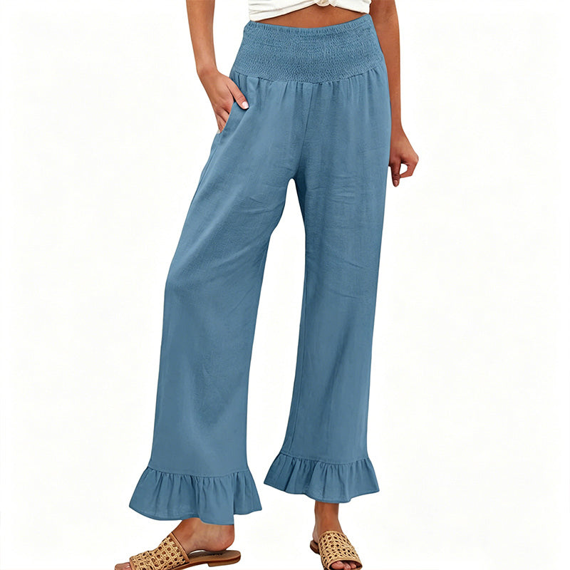 Dorexa - Pantalon femme taille haute smockée large coton lin boho