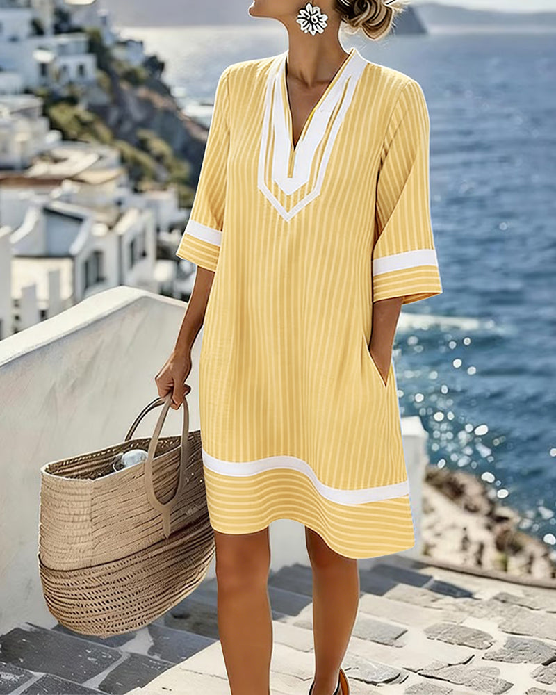 Telyxa - Robe Femme Rayures Fluide Col V Style Estival