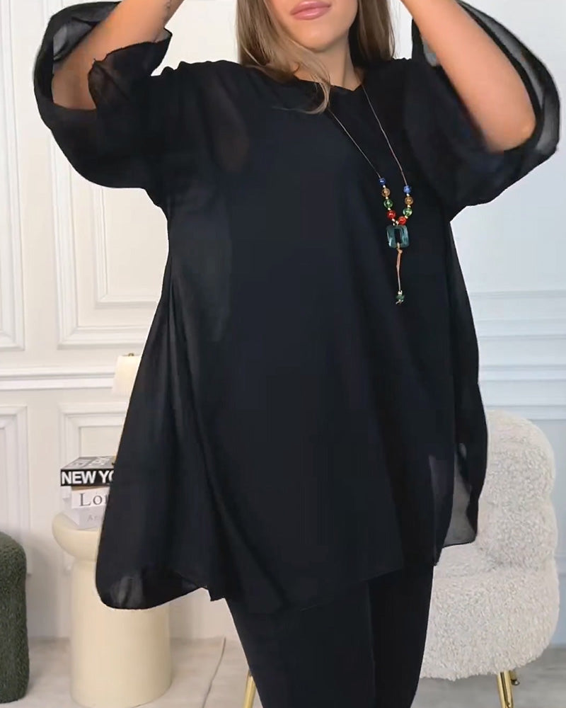 Ingeborg - Haut Ample Uni à Col Rond et Manches 3/4 pour Femme