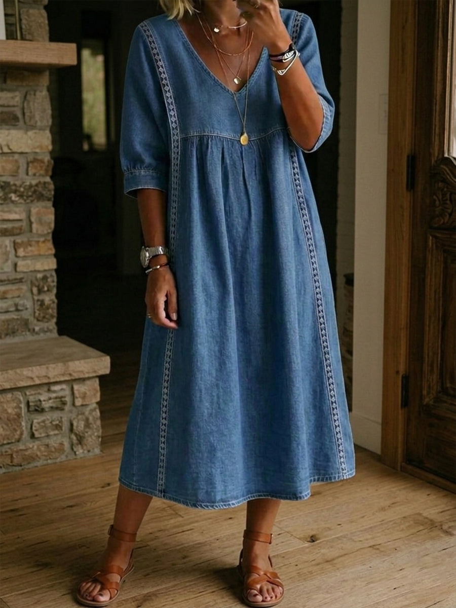 Fyntra - Robe femme denim fluide col V dentelle style décontracté élégant