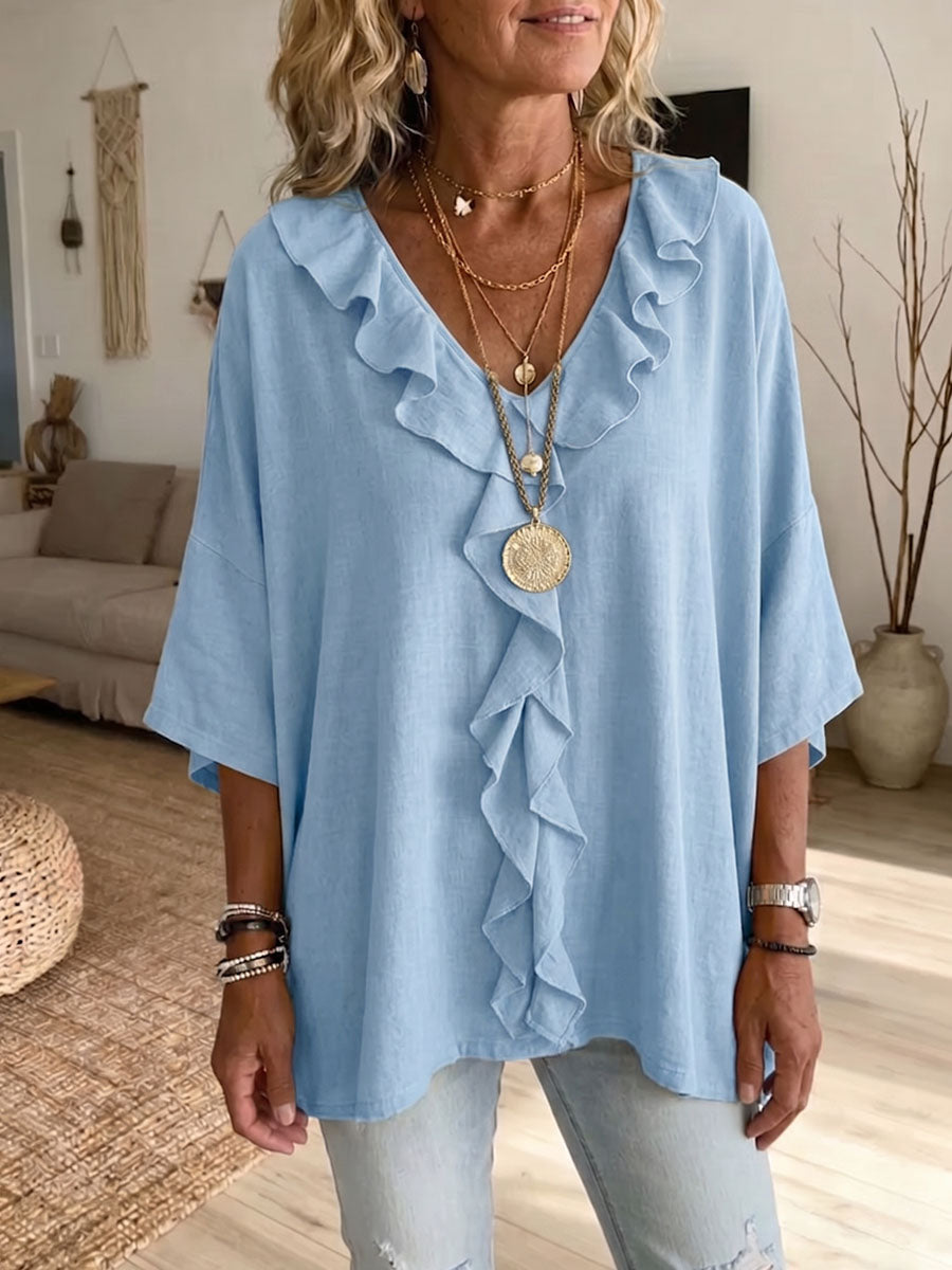 Hynorae - Top Femme Ample Col V Volants Léger Pour Quotidien Chic