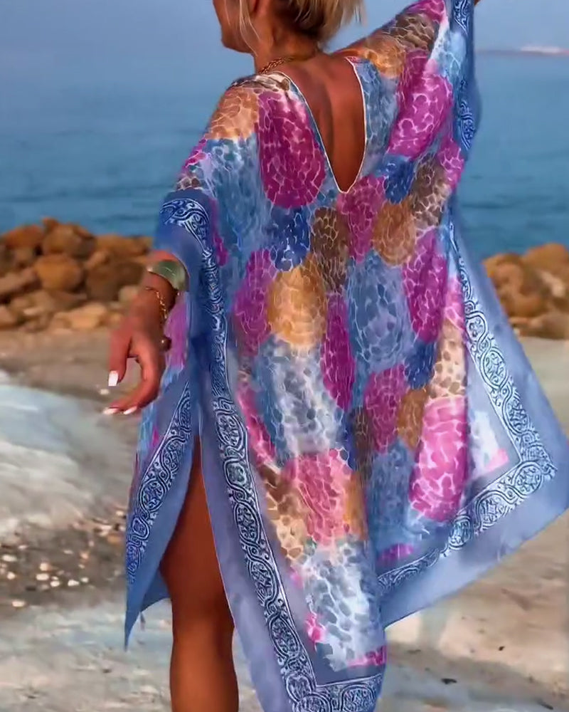 Noriellea - Robe de plage imprimée femme à manches chauve souris
