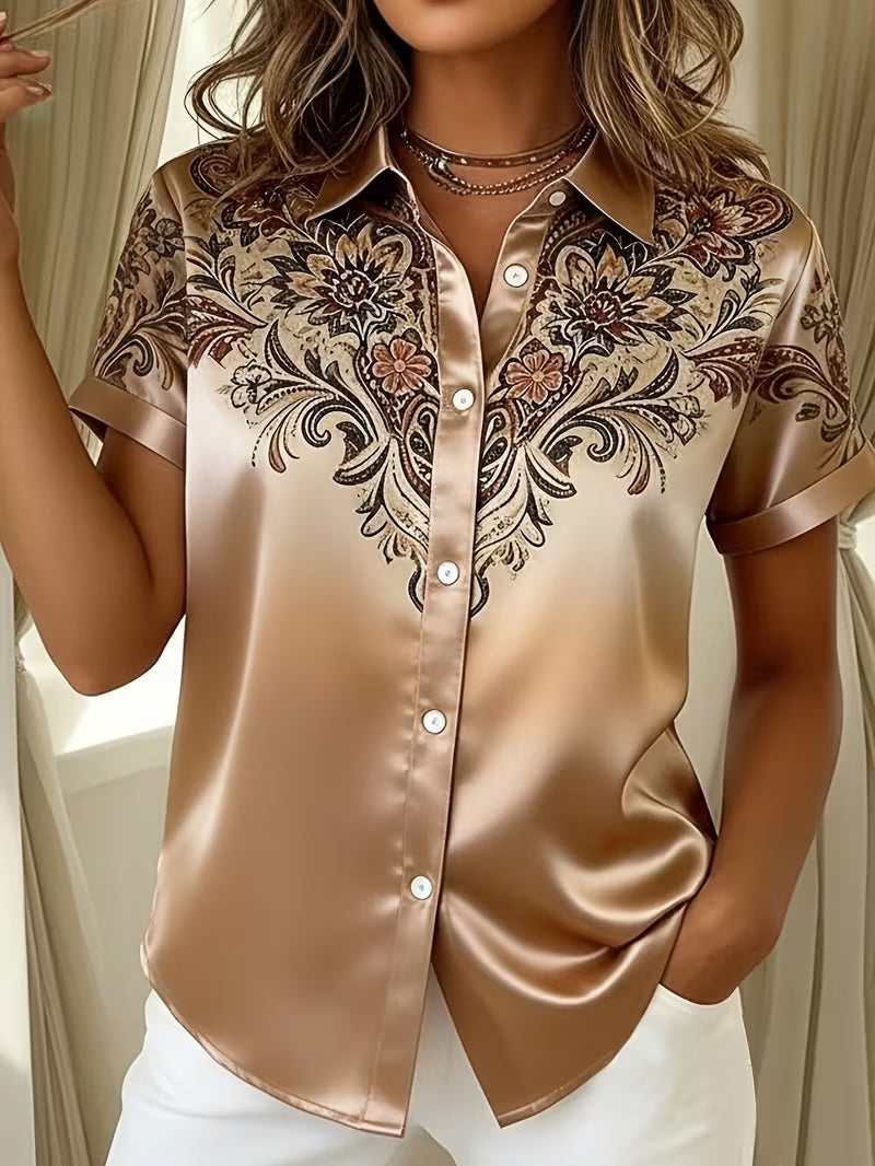Quinessa - Chemise femme satinée boutonnée à imprimé floral