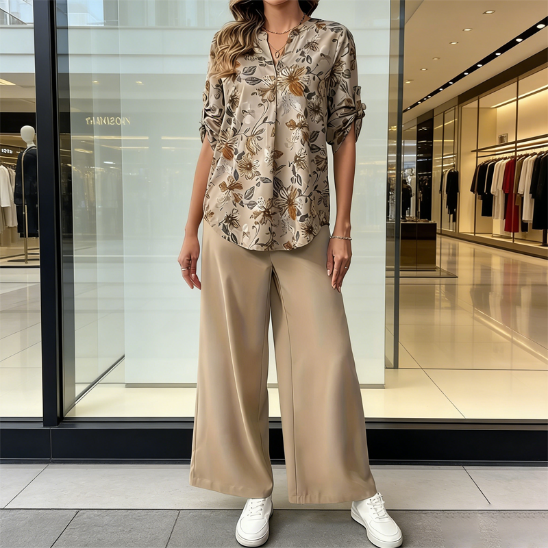 Cynellea - Ensemble femme chemisier floral pantalon fluide chic quotidien