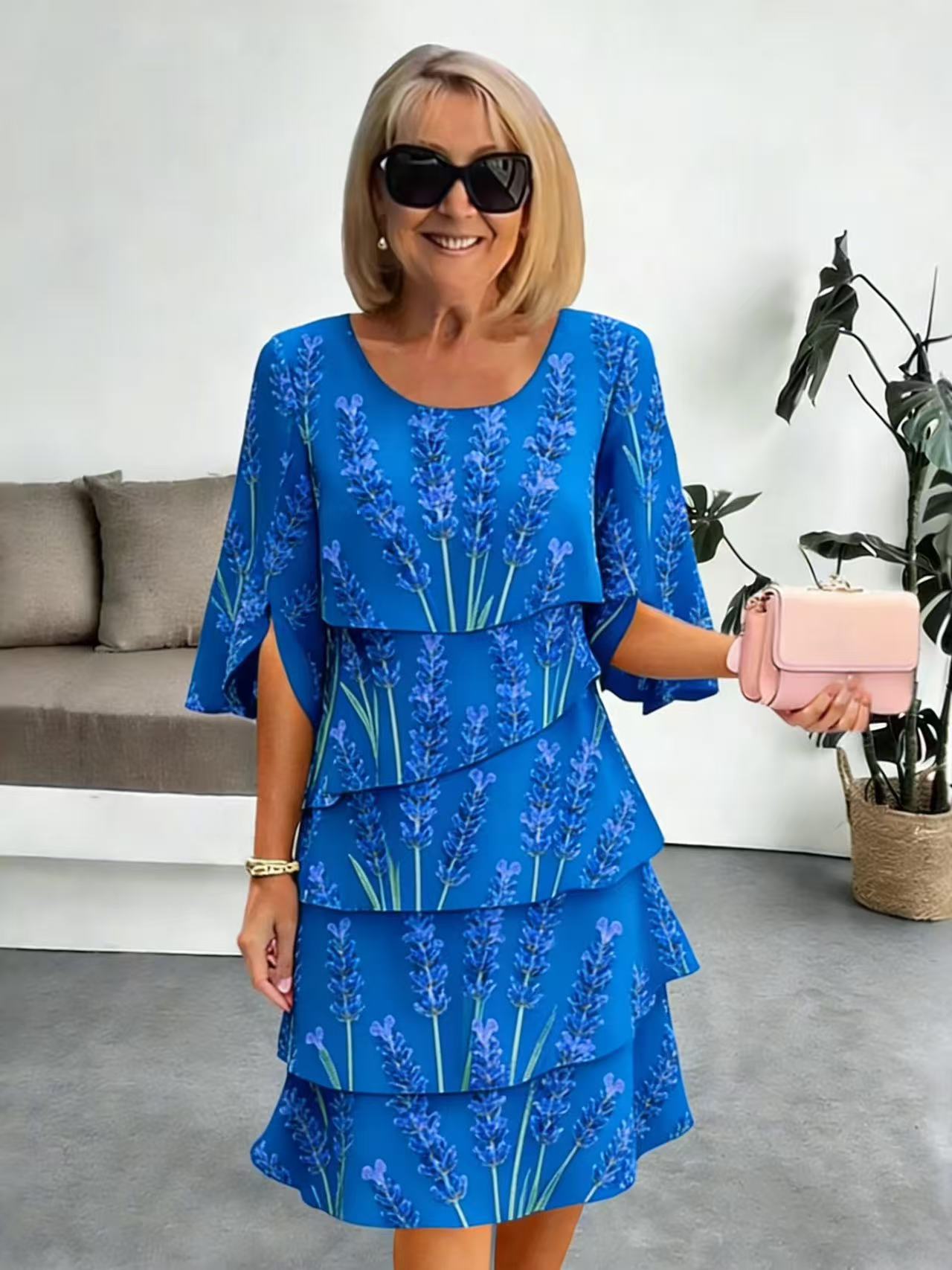Elyvane - Robe femme mi-longue à volants imprimé floral manches fendues